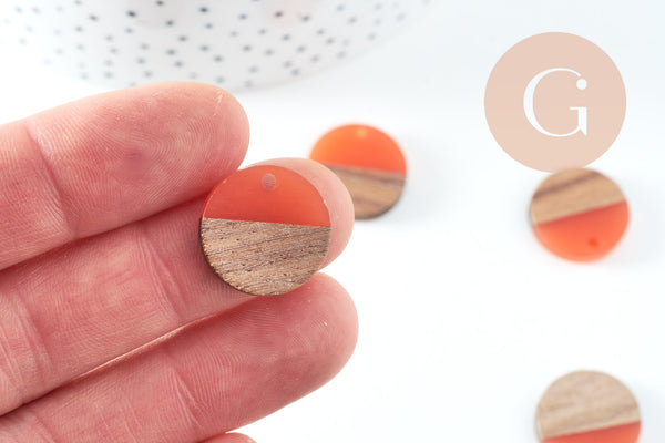 perle disque bois résine orange corail 18mm,création bijoux bois x5, G3153
