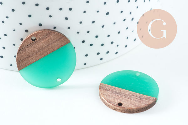 perle disque bois résine turquoise 28mm, création bijoux bois x5 G7518