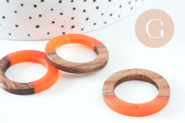 perle disque évidé bois résine orange 28mm, création bijoux bois x5 G4642