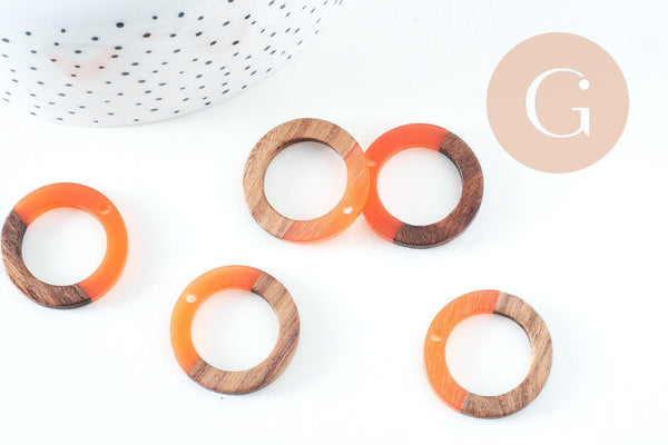 perle disque évidé bois résine orange 28mm, création bijoux bois x5 G4642