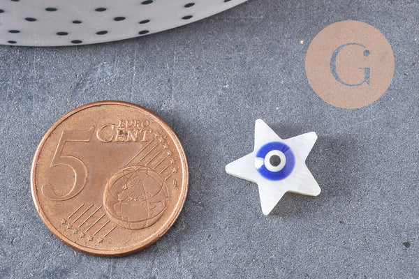 perle étoile nacre blanche mauvais oeil bleu foncé, 12mm, x10 (G3301)