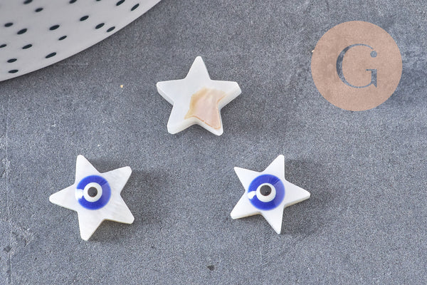 perle étoile nacre blanche mauvais oeil bleu foncé, 12mm, x10 (G3301)