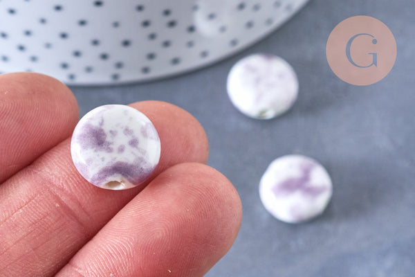 perle porcelaine blanc violet 15mm, perle striées,perle céramique, fabrication bijoux, céramique violette, x5 G5718