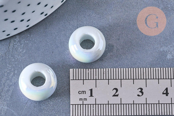 perle porcelaine blanche irisé donut 15-16mm, perle céramique, fabrication bijoux, céramique blanche, x10 G3311