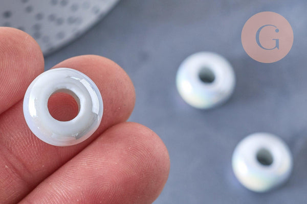perle porcelaine blanche irisé donut 15-16mm, perle céramique, fabrication bijoux, céramique blanche, x10 G3311