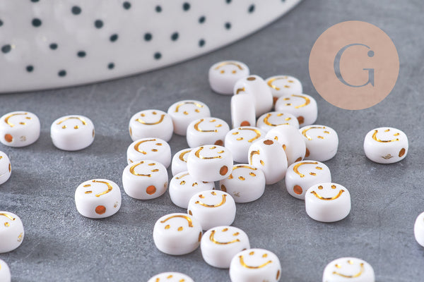 perle ronde smiley doré plastique blanc 7mm, x10 grammes (G4801)