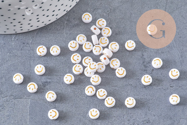 perle ronde smiley doré plastique blanc 7mm, x10 grammes (G4801)