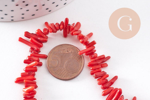 perles bambou de mer teinté imitation corail rouge 4-20mm,perle en coquillage naturel, x1 fil de 38cm (G4709)