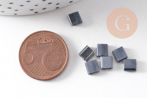 perles rocaille carré opaque noir irisé, perle carré création bracelet, perle tila,4.5mm,2 trous, x50 (4.8GR) (G5478)