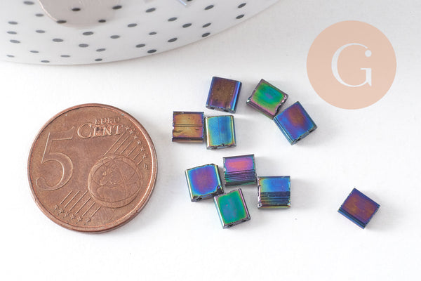 perles rocaille carré verre rectangle arc-en-ciel plaqué 4.5mm, x50 (4.8GR) (G5486)