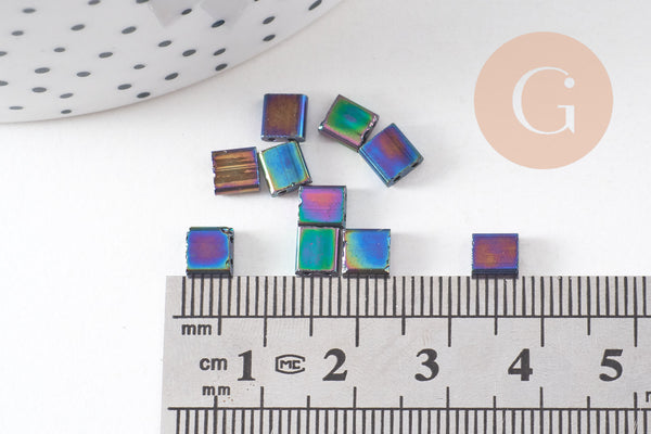 perles rocaille carré verre rectangle arc-en-ciel plaqué 4.5mm, x50 (4.8GR) (G5486)