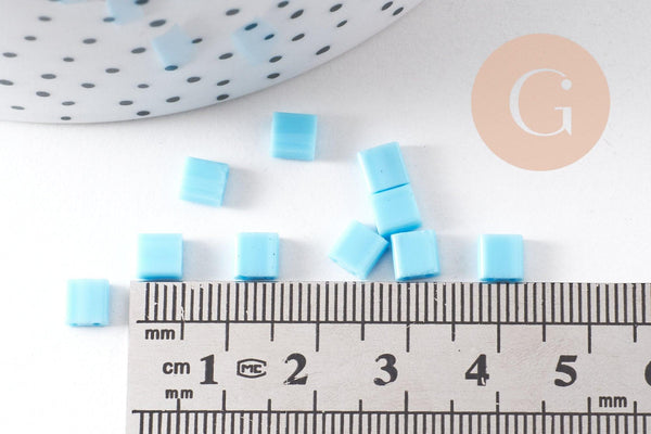 perles rocaille carré verre rectangle bleu, perle carré création bracelet, perle tila,4.5mm,2 trous, x50 (4.8 GR) (G5481)