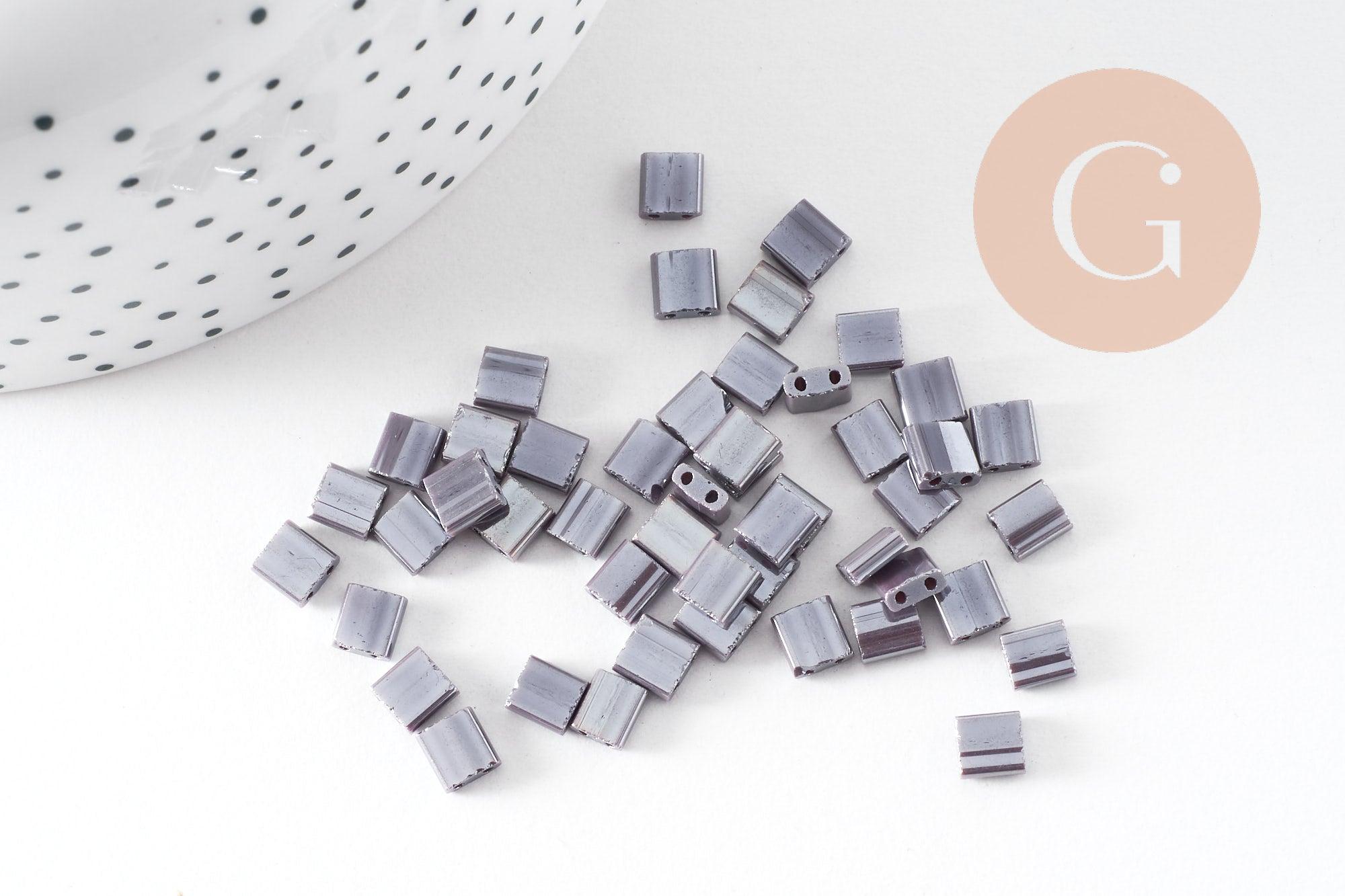 Perles rocaille carré verre rectangle violet irisé opaque tila, 4.5mm,2 trous, x50 (G6311)