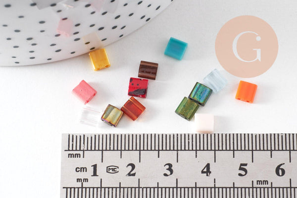 perles rocaille verre rectangle multicolore, perle carré création bracelet, perle tila,4.5mm,2 trous, x50 (G4188)