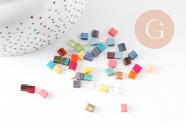 perles rocaille verre rectangle multicolore, perle carré création bracelet, perle tila,4.5mm,2 trous, x50 (G4188)