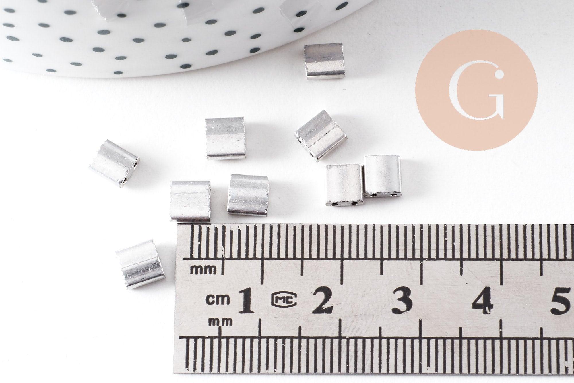 perles rocaille verre rectangle plaqué Argent, perle carré création bracelet, perle tila,4.5mm,2 trous, x50 (4.8Gr) (G5487)