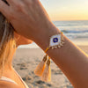 Bracelet Réglable losange mauvais œil jaune et or 28cm cordon nylon perles rocailles tissées, x1 (G7680)