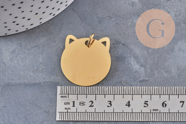 Pendentif tête de chat acier 201 inoxydable doré 29mm personnalisable, x1 VALIDE