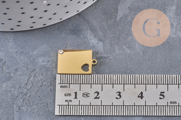 Pendentif rectangle coeur acier 304 inoxydable 304 doré à graver avec zircon 18.5mm, x1 (G11028)