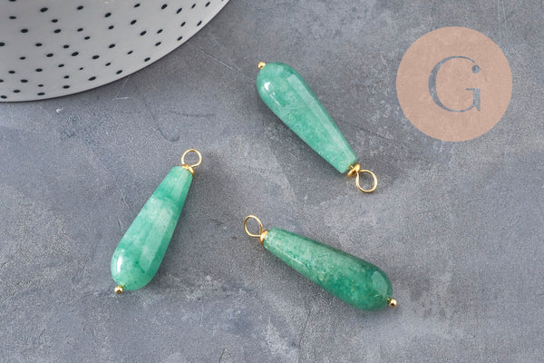 Pendentif goutte aventurine naturel laiton & acier doré 38mm, x1 (G11051) VALIDE