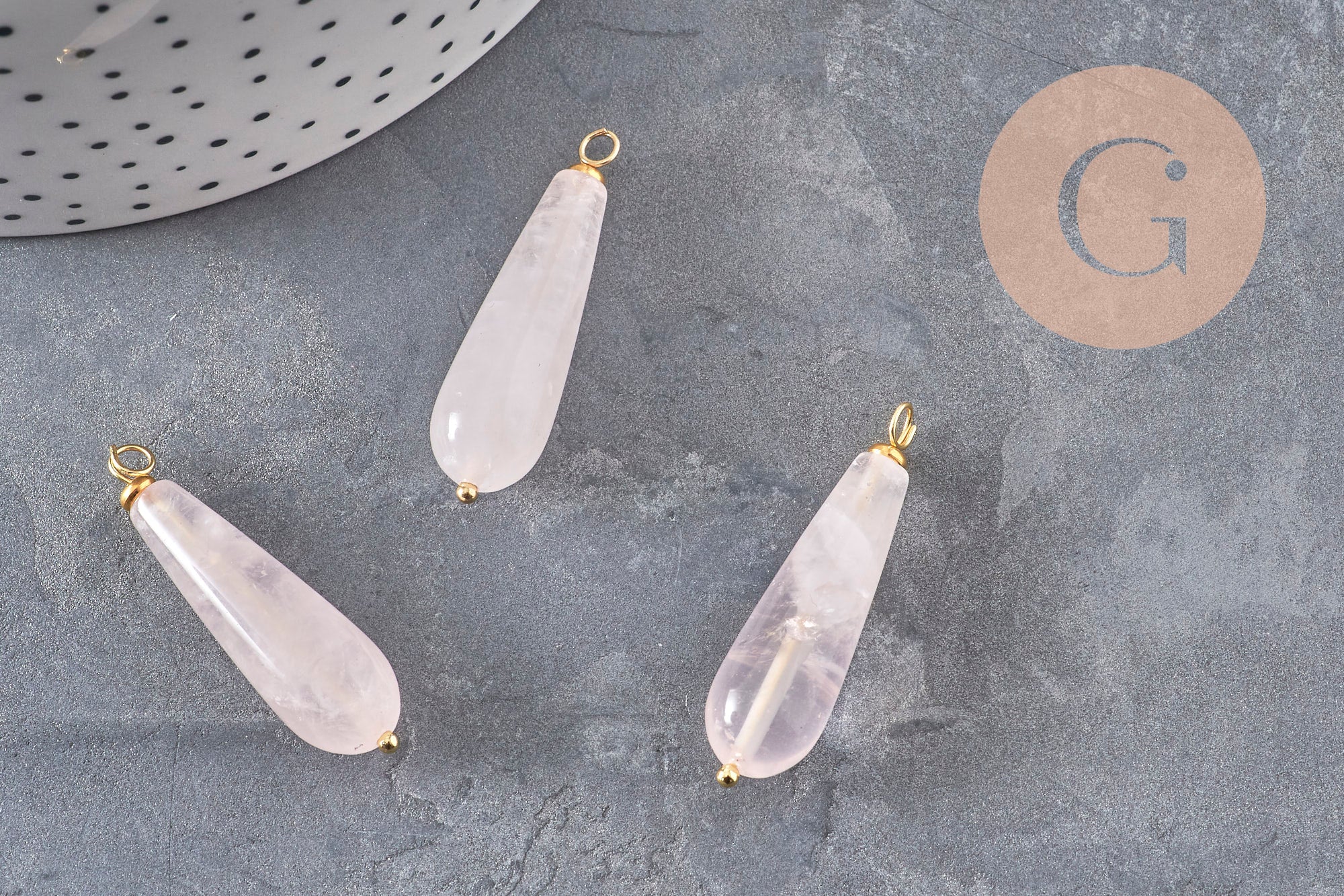 Pendentif goutte quartz rose naturel laiton & acier doré 38mm, x1 (G11052)