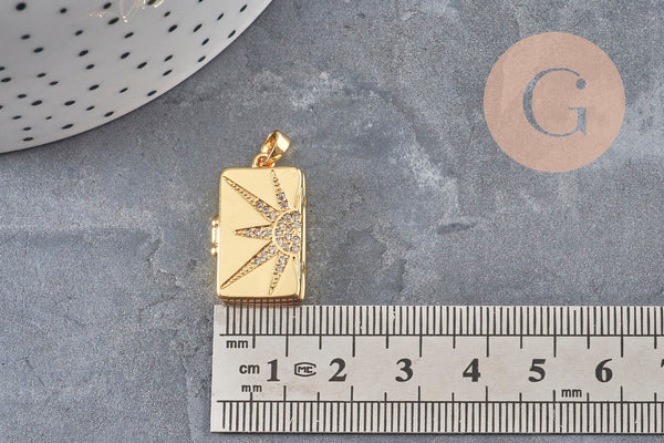 Pendentif locket rectangle laiton doré 18K étoiles zircons 23.5mm, x1 (G11042)