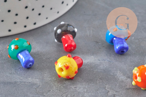 Pendentif champignon en verre tchèque multicolore 15mm, x5 (G11059)