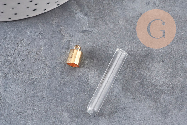 Pendentif fiole Bouteille verre fer doré 34mm, x1 (G11063)