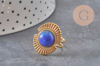 Bague réglable pierre bleue acier inoxydable doré PVD Taille 53, x1 (G11078)