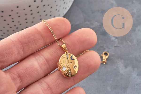 Collier pendentif locket lune & étoiles personnalisable acier 304 inoxydable doré, x1 (G11076) VALIDE