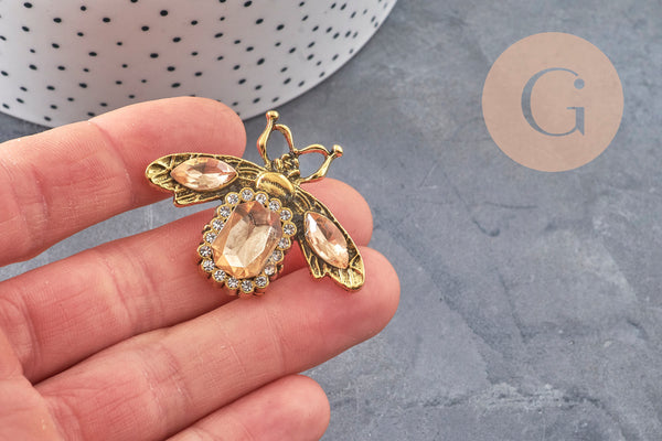 Broche abeille zamac doré Cristal champagne 47mm, x1 (G11086) VALIDE