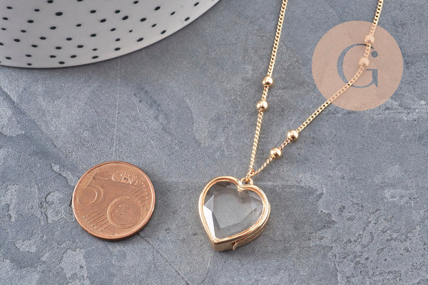 Collier locket cœur porte-photo verre laiton doré 18K, x1 (G11088)