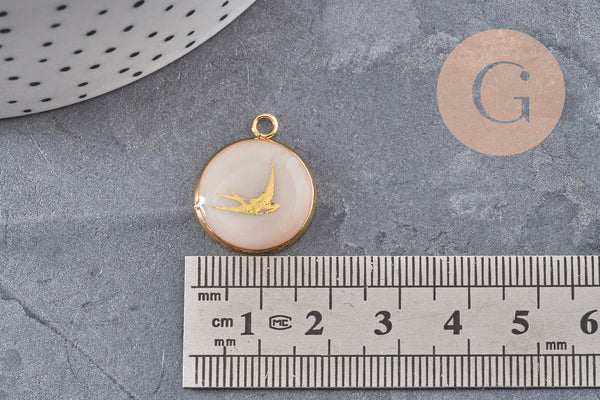 Pendentif rond motif hirondelle acier 304 inoxydable doré 16mm, x1 (G11104)