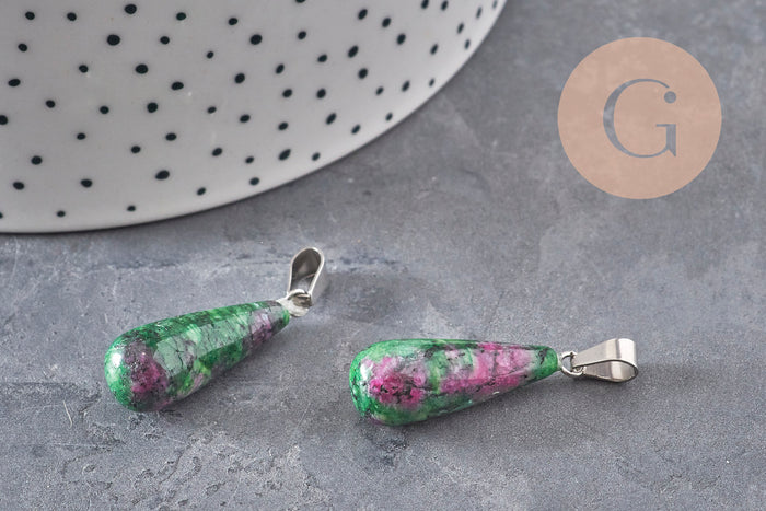 Pendentif goutte rubis zoisite naturel acier inoxydable platine 28mm, x1 (G11120)