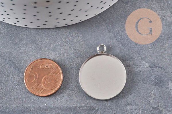 Pendentifs Supports cabochons ronds acier 304 inoxydable platine 25mm, x5 (G11126)