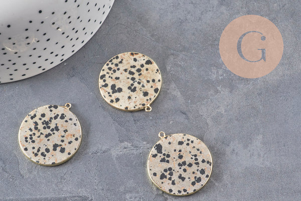 Pendentif rond jaspe dalmatien naturel laiton doré 32mm, x1 (G11123)