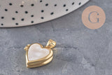 Pendentif locket rond laiton doré 18K coeur nacre naturelle 18.5mm, x1 (G11136)