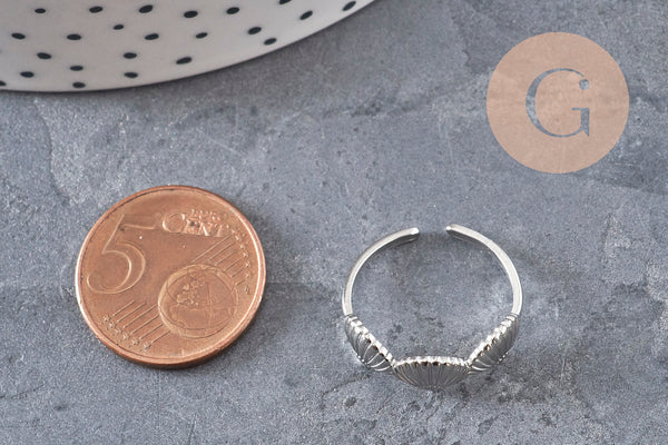 Bague réglable coquillages acier platine 304 inoxydable, x1 (G11151) VALIDE