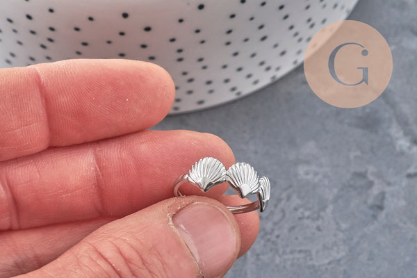 Bague réglable coquillages acier platine 304 inoxydable, x1 (G11151) VALIDE