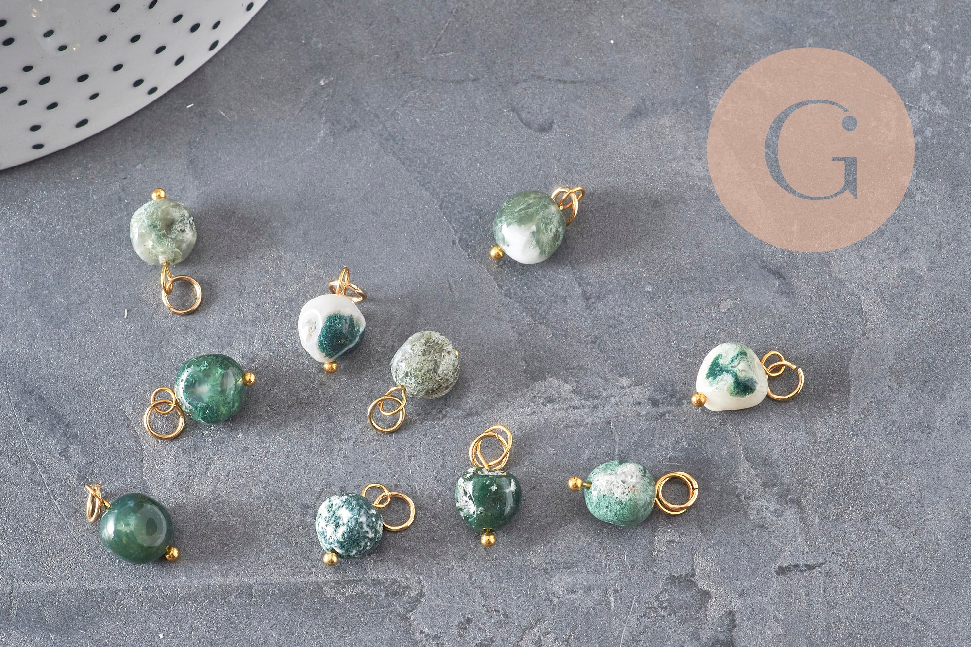Nugget charm, natural green agate, 304 gold-plated stainless steel, 14mm, x1 VALID
