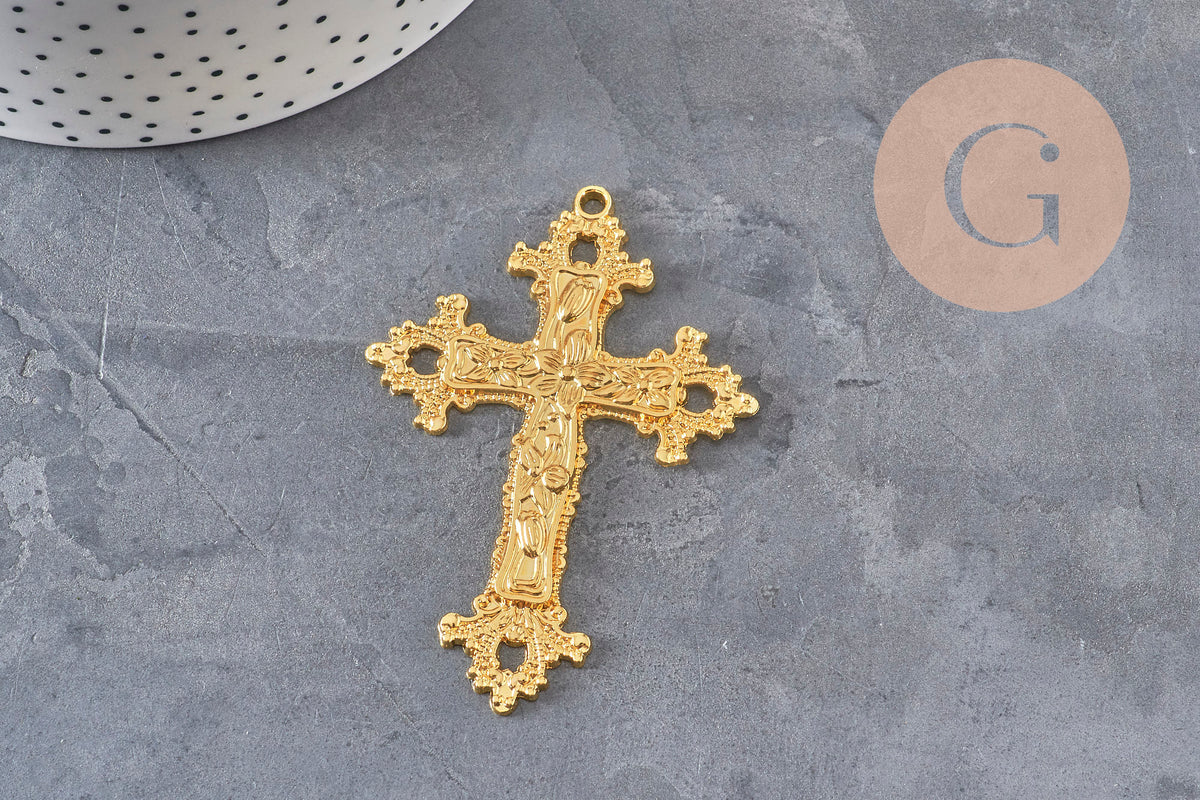 Gold zamak cross pendant with flowers 74mm, x1 VALID