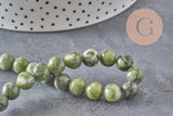 Perle jade vert olive ronde naturelle 8mm, x1 fil de 38cm (G11341)