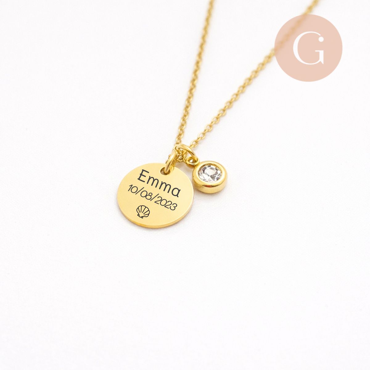 Collier personnalisé médaille gravée et pierre de naissance acier inoxydable 304, x1 (ADN10) (G11101)