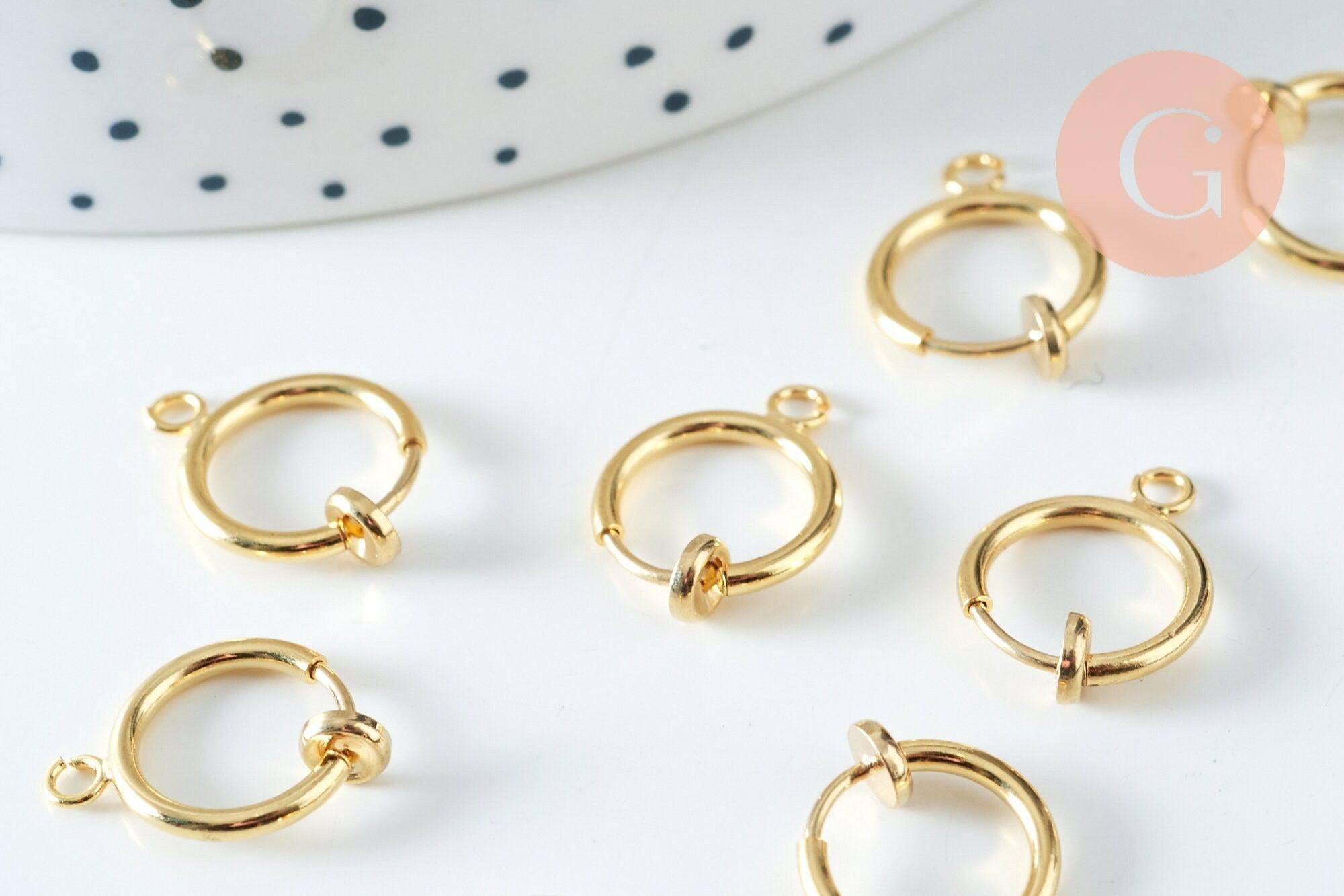 Anneaux créoles dorés pour oreilles non percées 15.5mm, création boucles, la paire (G6355)