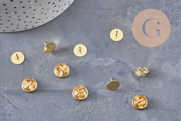 Attache et support pour pin's laiton doré 11mm, x5 (G10963) VALIDE GOOD