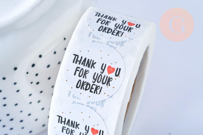Autocollant THANK YOU FOR YOUR ORDER cœur 25mm, x500 (G5118)