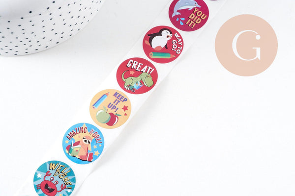 Autocollant encouragements animaux professeur anglais 30mm, x500 (G10819)