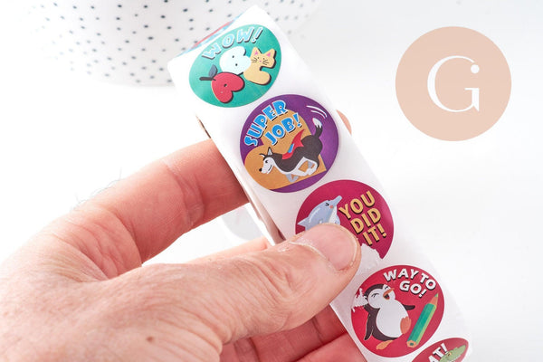 Autocollant encouragements animaux professeur anglais 30mm, x500 (G10819)