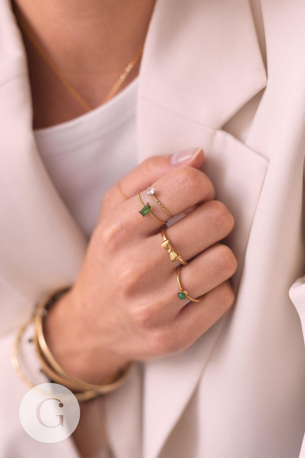 Bague Solitaire zircon rectangle Vert acier 304 inoxydable doré, x1 (G10362)