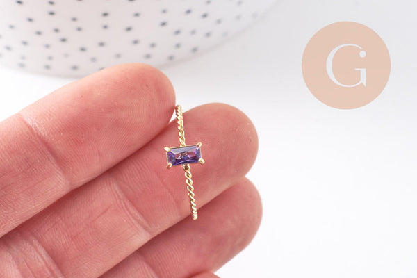 Bague Solitaire zircon rectangle Violet acier 304 inoxydable doré, x1 (G10359)